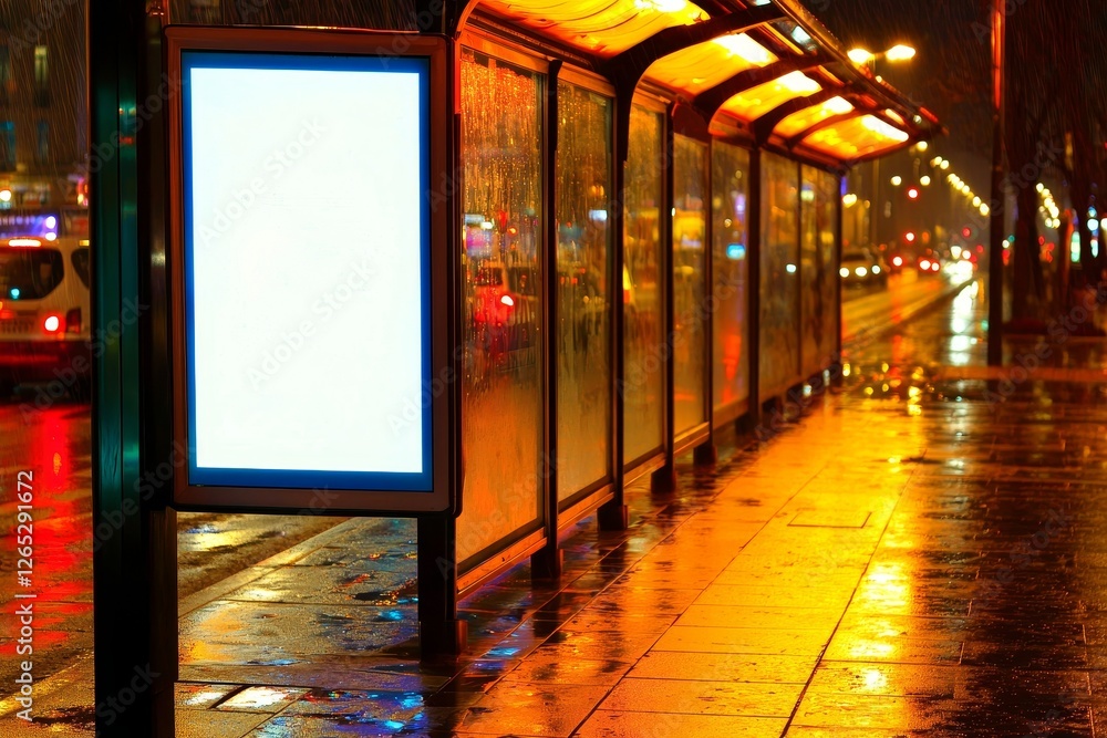 Poster nighttime image of an illuminated advertising display or lightbox situated at a bus stop in barcelon