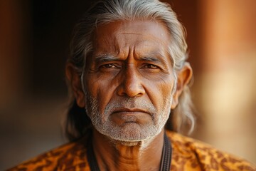 Portrait of an elder man with long hair and a serious expression at a historical site in warm light