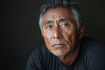 Obraz premium Elderly man with deep facial lines gazes thoughtfully, captured in soft lighting with a dark background