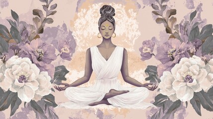 Woman meditating flowers serene background wellness poster