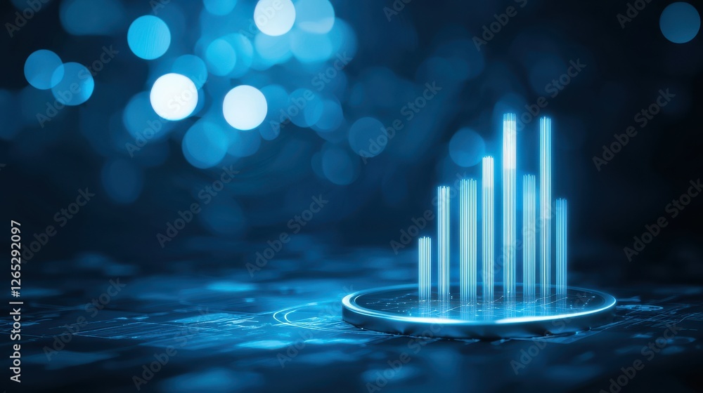 Poster a glowing bar chart rises from a circular base, set against a shimmering blue background, symbolizin