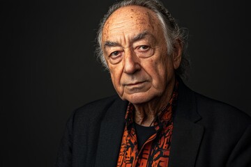 Obraz premium Elderly man with thoughtful expression wearing patterned shirt and blazer against dark background