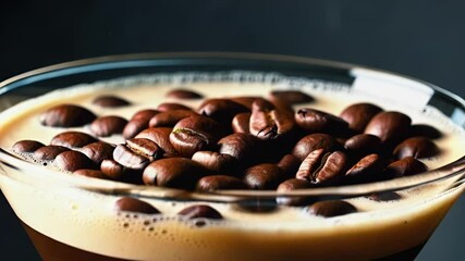 Close-up of espresso martini with coffee beans falling onto creamy foam