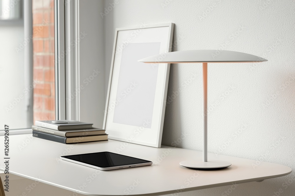 Poster a mockup of a vertical poster frame is positioned on a white table in a home studio workspace that f