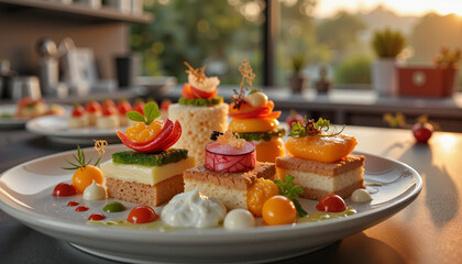 Obraz premium Gourmet pintxos selection on modern kitchen counter at dawn, culinary art