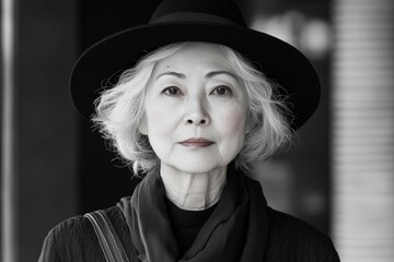 Elegant older woman in a black hat, showcasing grace and style in an urban setting during daylight hours