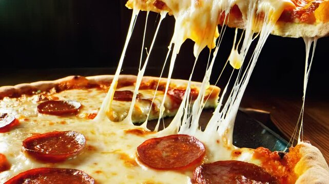 Close-up pepperoni pizza slice being lifted, cheese stretching