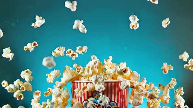 Buttery popcorn in striped bucket, teal background.