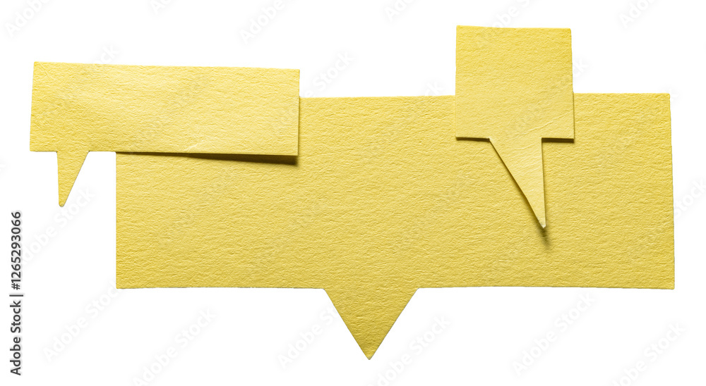 Poster yellow blank cut out cardboard paper speech bubbles with rough edges and copy space for text on tran