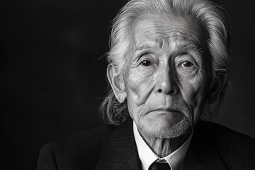 Elderly man with silver hair showing deep emotions in a formal black suit against a dark background