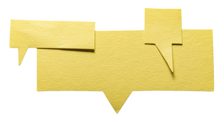 Yellow blank cut out cardboard paper speech bubbles with rough edges and copy space for text on transparent png background conversation discussion design element