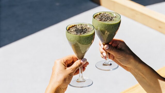 Hands holding a sleek glass filled with a vibrant green smoothie flecked with seeds and superfoods showcasing the workshops focus on biohacking through nutrition.