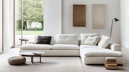 Fototapeta premium Modern sectional sofa, garden view, living room