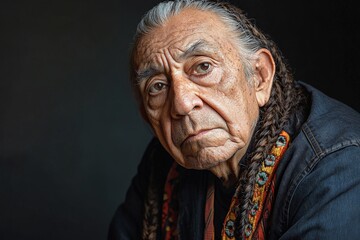 Elderly man with braided hair and a solemn expression poses against a dark background in a traditional outfit