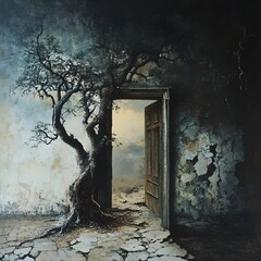 Surreal scene of a cracked wall with a tree growing through an open door, hinting at nature reclaiming space
