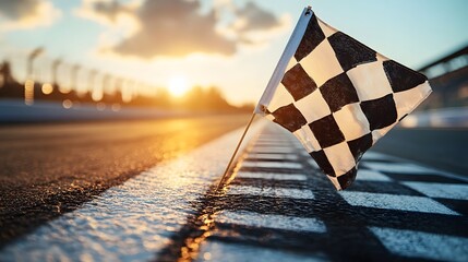 checkered flag waving at race finish line representing victory, final lap, and competitive speed moment of winning