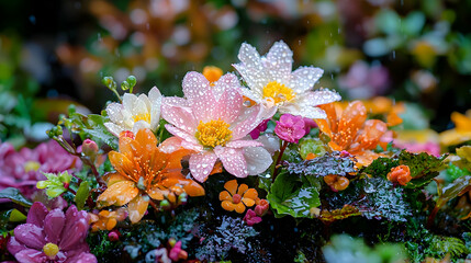 Rain-kissed flowers bloom in garden, nature's beauty, spring wallpaper