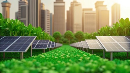 Fototapeta premium rows of solar panels in a field of green grass with a city skyline in the background. The sun shines brightly, casting a warm glow over the scene. 