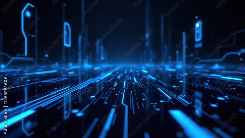 Poster futuristic digital background with blue cybernetic grids, symbolizing concepts of ci/cd, docker, kub