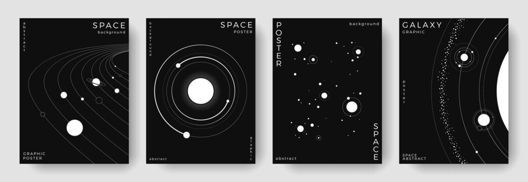 Set of abstract space astronomy backgrounds. Line art galaxy, universe, planet, solar system. Science future concept. Cosmic minimalist design for cover, poster, layout, banner, flyer, brochure