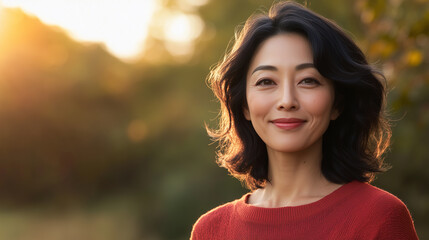 Naklejka premium woman with wavy black hair smiles warmly in sunlit outdoor setting, wearing red sweater. soft sunlight creates serene atmosphere.