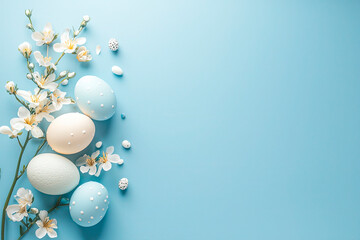 Obraz premium Easter background with colored eggs and flowers on blue background. Frame copy space