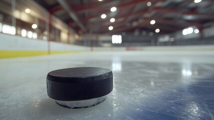 black ice hockey puck in motion towards empty net on ice rink surface with hockey arena background showing fast-paced action