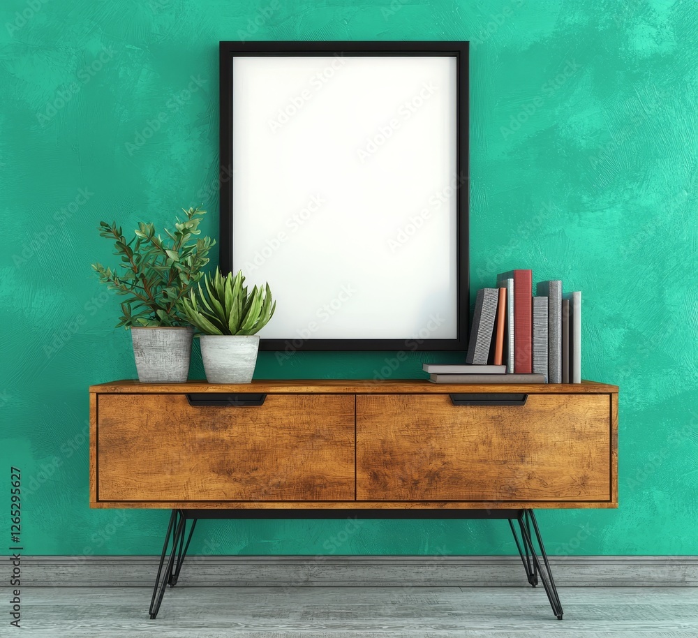 Poster rendered in 3d, the image depicts a commode supporting a mock poster frame, with flowers visible in 