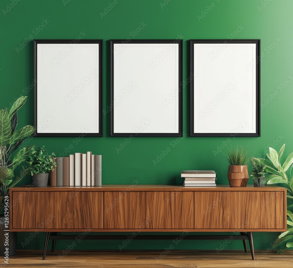 Poster create a mock poster frame on a commode with flowers in the interior background, all in 3d rendering