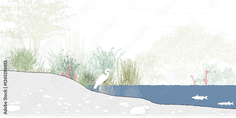 Poster Minimal style cad tree line drawing, Side view, set of section wetland forest 