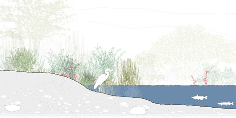 Minimal style cad tree line drawing, Side view, set of section wetland forest  © feipco