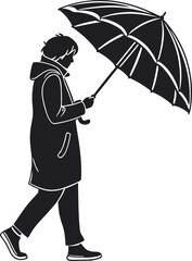 Minimalistic Black Silhouette of a Man or People Holding an Umbrella in the Rain – Elegant Monochrome Vector Illustration Depicting Weather Protection and Urban Lifestyle Concept