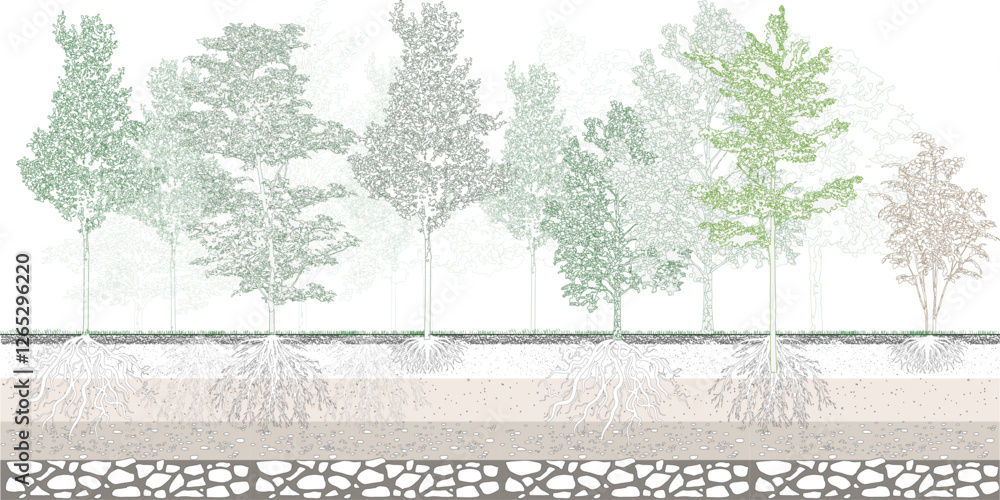 Poster architectural drawings, minimal style cad tree line drawing, side view, set of section wetland fores