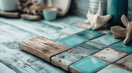A coastal-themed arrangement featuring turquoise tiles, driftwood pieces, and starfish on a weathered wooden surface.