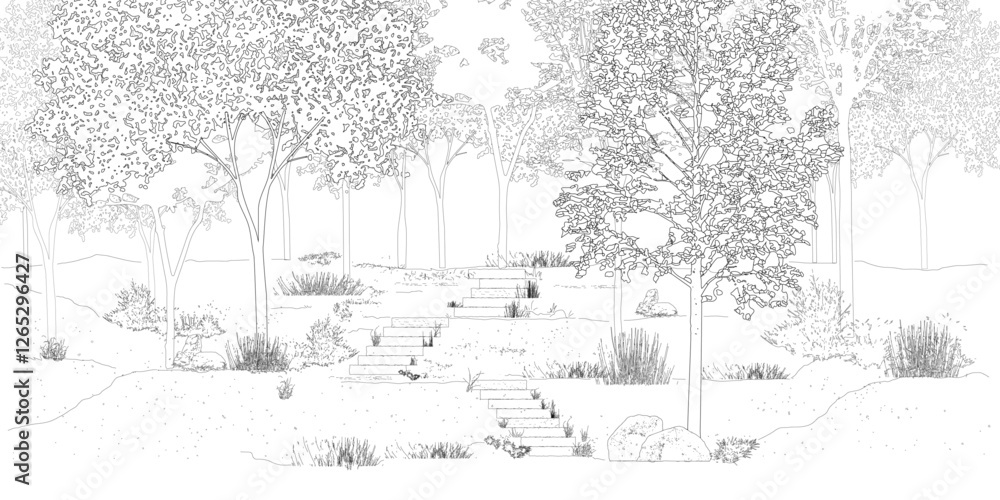 Poster architectural drawings, minimal style cad tree line drawing, side view, set of section forest outlin