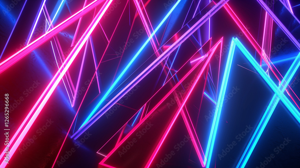 Poster abstract neon background with glowing blue, red, and pink triangles forming dynamic geometric shapes