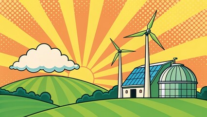 A colorful cartoon illustration of a clean energy farm, showcasing a futuristic home with solar panels and wind turbines.