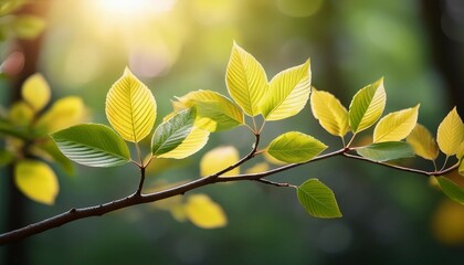 close up of fresh green and yellow leaves blooming on a branch highlighted by soft light perfect for themes of growth renewal and the beauty of nature