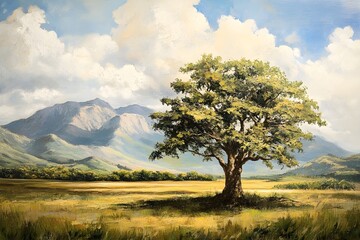 Fototapeta premium Illustration of the beauty of the savannah, depicting a large tree standing majestically in a vast field, with a backdrop of towering mountains, depicting the harmony of nature