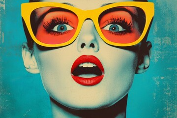 A modern art collage and contemporary photo collage capture a woman in retro style, excitedly watching a movie in a theater with red seats, conveying a lively expression, blending vintage and comic