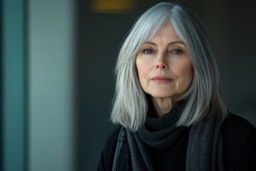Fototapeta premium Portrait of an elegant older woman with striking gray hair, wearing a scarf and posing in a modern indoor setting during daytime
