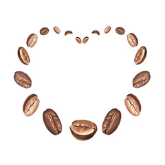 Wreath of roasted coffee beans. Template postcard heart shape, border with copy space. Watercolor hand drawn illustrations isolated. Frame of Arabica or Robusta grains. Clipart for textile, packaging.