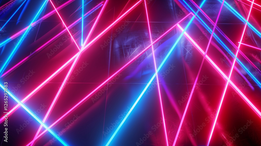 Fototapete Abstract Neon Background with Glowing Blue, Red, and Pink Triangles Forming Dynamic Geometric Shapes. Modern Wallpaper Design with Ultraviolet Lighting and Laser Effects, Creating an Ultra-Realistic N