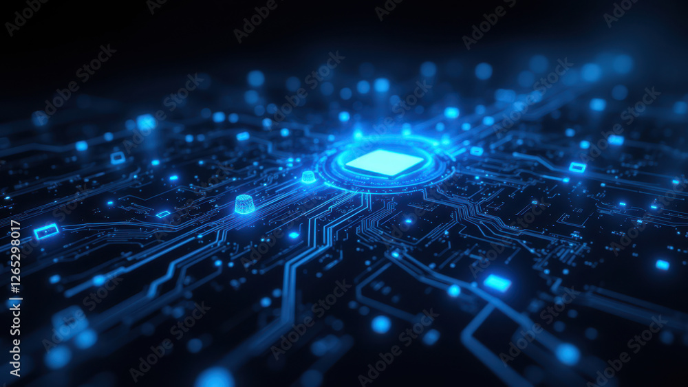 Poster modern technology network with glowing blue circles and lines representing cloud computing, artifici