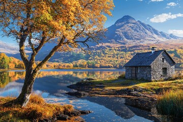 An autumn scene in the mountains, with an old stone house and a tree on the bank of a lake. The beautiful mountain is reflected in the water, and the autumn leaves are vibrant. 