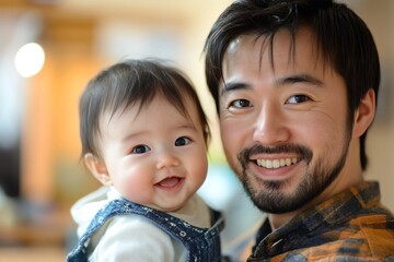 Happy asian father holding smiling baby daughter at home
