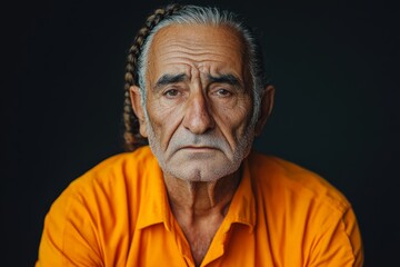 Elderly man with braided hair wearing orange shirt poses against dark background