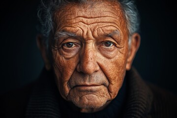 Senior man with expressive wrinkles gazes intensely at the camera in a dark, moody setting