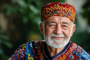 Obraz premium Elderly man in colorful traditional attire smiles warmly in a lush outdoor setting