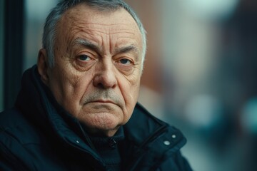 Obraz premium Elderly man gazes pensively from a cafe window on a chilly afternoon in an urban setting